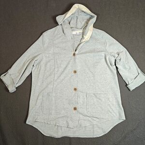 Susan Graver Weekend French Terry Roll Tab Sleeve Gray Hooded Lightweight Jacket